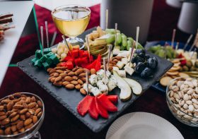 Decorated banquet table with snacks at a wedding