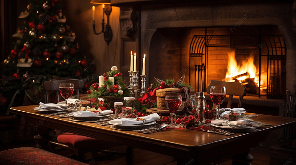 pngtree-christmas-table-setting-with-holiday-decorations-on-fireplace-background-image_15168145